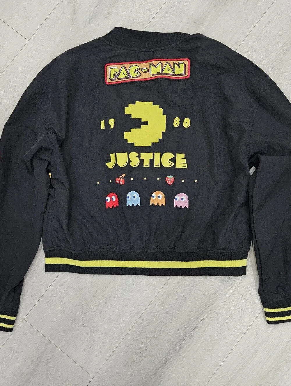 Justice Pac-Man Mini Bomber Jacket Wind Breaker Appliques Girls XL 16/18 NWT